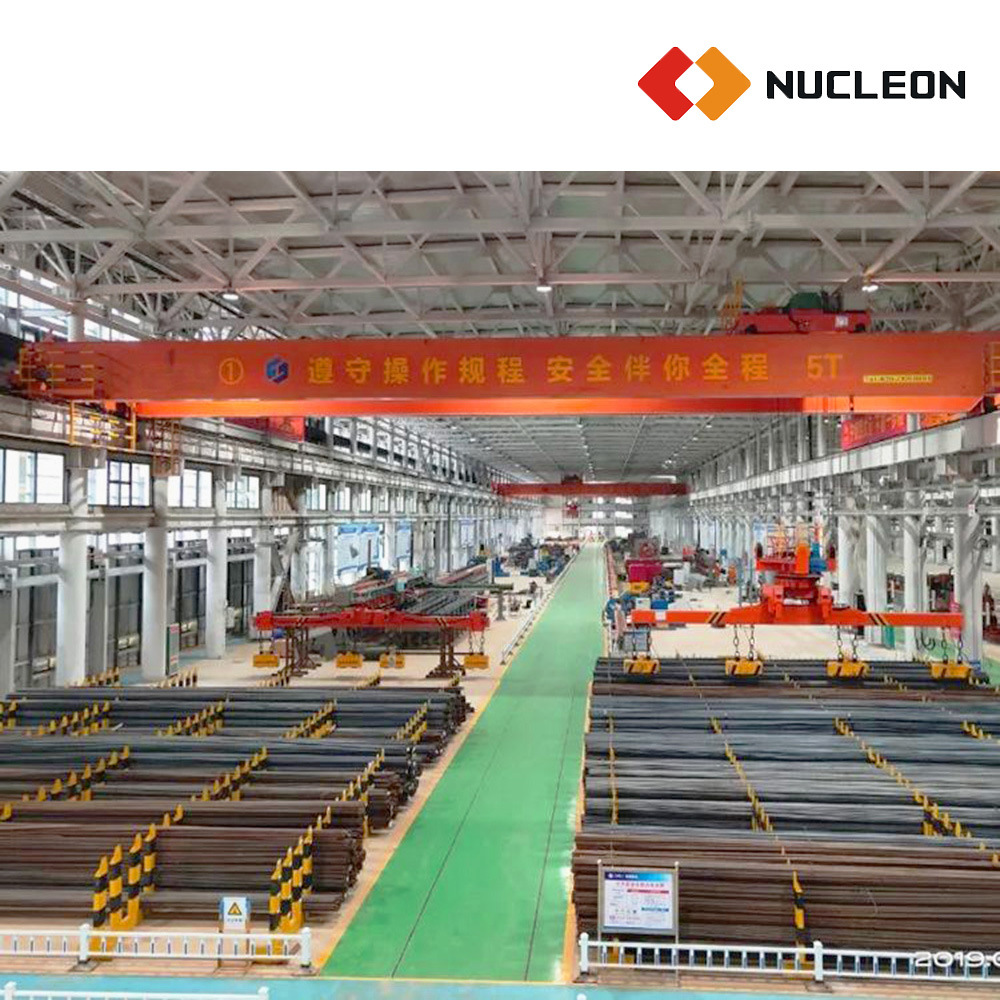 
                Factory 5 Ton Double Girder Overhead Travelling Crane with Rectangular Magnet for Rebar Steel Sheet Lifting
            