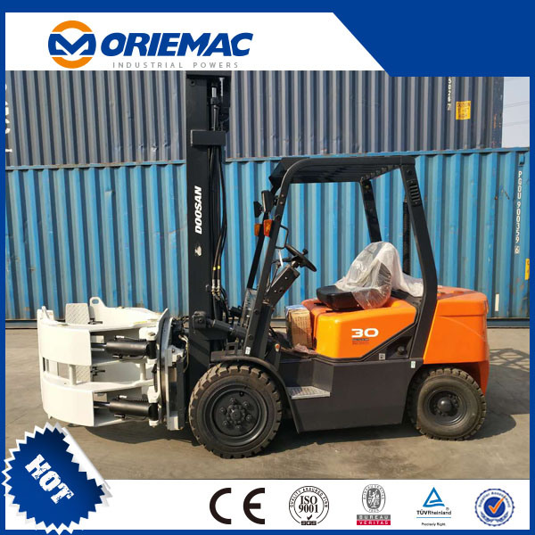 Doosan 3 Ton Forklift with Paper Roll Clamp, Rotator, Push Pull, Carton Clamps